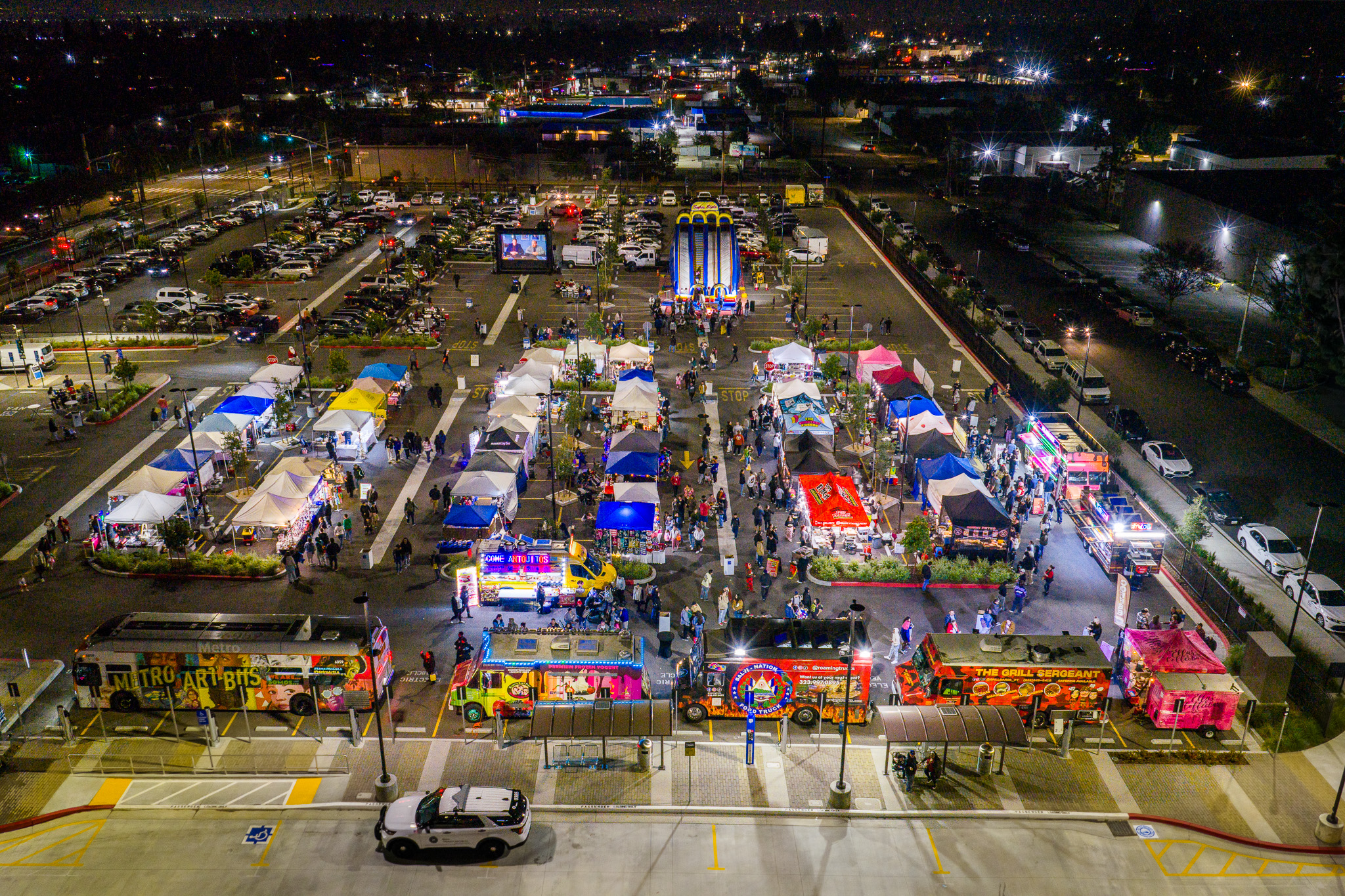Aerial view of a community night market in Pomona